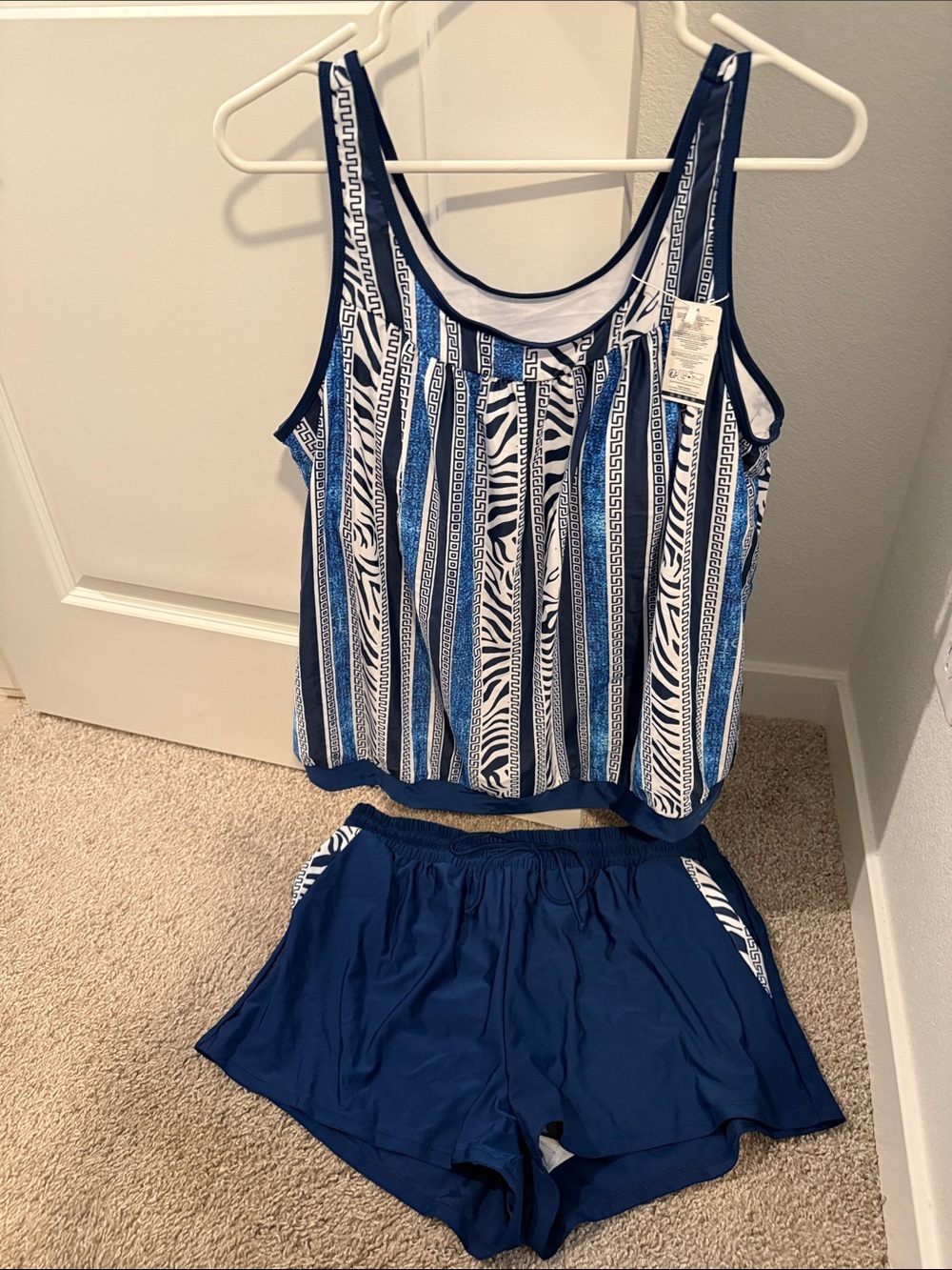 Amazon Blue and White Striped Tankini One-Piece with Navy Shorts